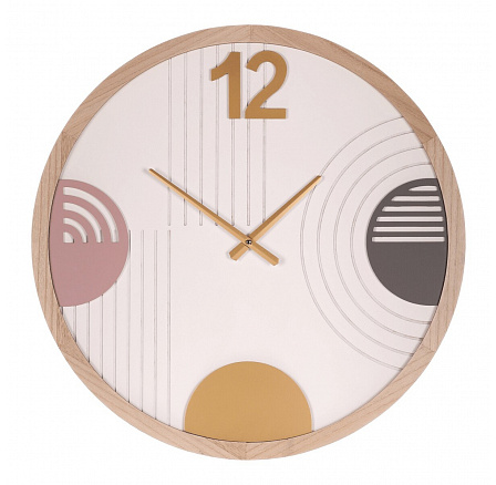 Hodiny nástěnné - pr. 60 cm, MDF a dřevěný rám, barevné kruhy