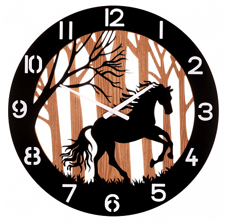 Hodiny nástěnné - pr. 60 cm, kov a dřevo, motiv koně v lese