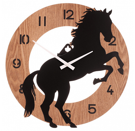 Hodiny nástěnné - pr. 40 cm, MDF a kov, motiv koně na zadních