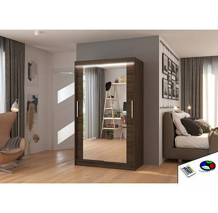 Posuvná skříň se zrcadlem a LED osvětlením TIBAGO 120 Choco+Choco Posuvná skříň se zrcadlem a LED osvětlením TIBAGO 120 Choco+Choco