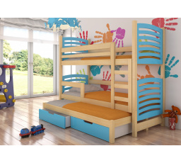 Třílůžková patrová postel s matracemi SORIA Pine+Blue