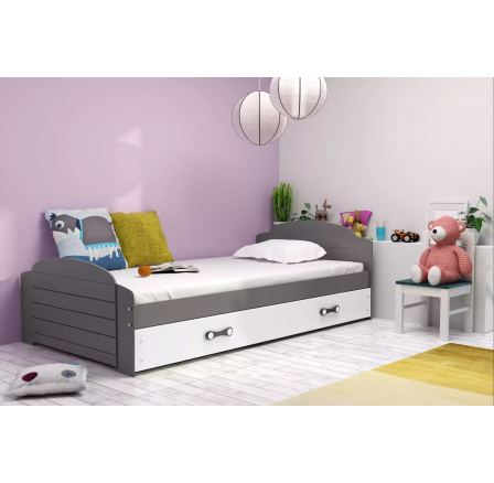 Dětská postel LILI 90x200 cm se šuplíkem, s matrací, Grafit/Bílá