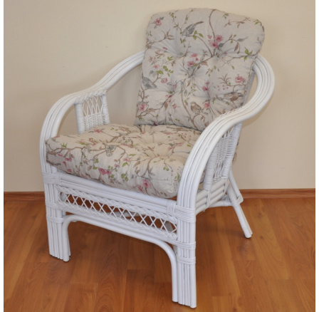 Ratanové křeslo Rio De Janeiro bílé - polstr motiv ptáci Ratanové křeslo Rio De Janeiro bílé - polstr motiv ptáci