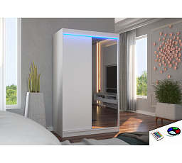 Šatní skříň s posuvnými dveřmi, zrcadlem a LED osvětlením REWENA 120 Bílá+Bílá