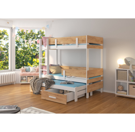 Třílůžková patrová postel s matracemi ETAPO 180x80 Bílá+Dub Zlatý