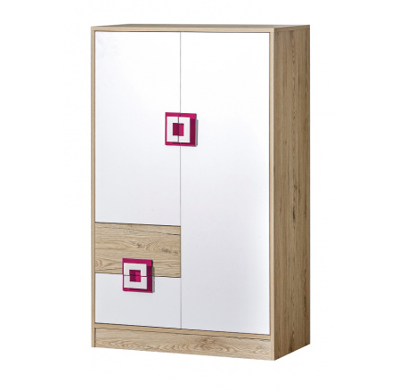 Komoda NICO 07, Světlý Dub/Bílá/Růžová