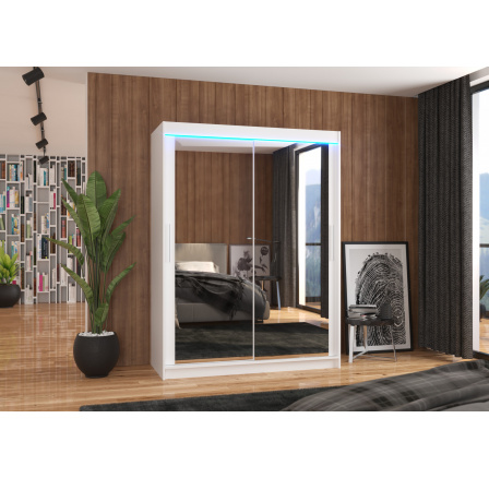 Posuvná skříň se zrcadlem a LED osvětlením PERMO 150 Bílá+Bílá