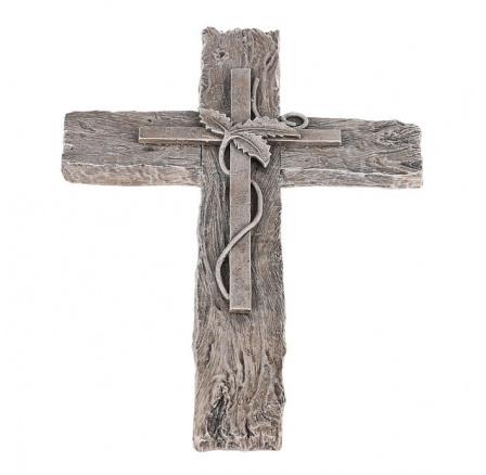 Kříž s lístky, imitace dřeva - polyresin, šedý Kříž s lístky, imitace dřeva - polyresin, šedý