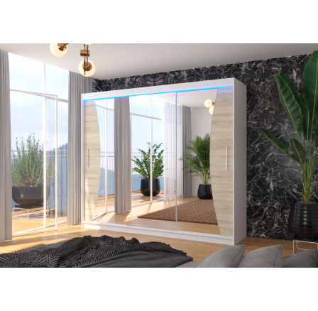 Posuvná skříň se zrcadlem a LED osvětlením DIEGO 250 Bílá+Sonoma