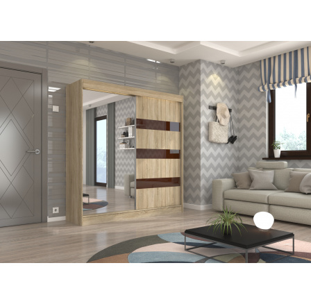 Posuvná skříň se zrcadlem a lacobelem TOURA 200 Sonoma+Choco Lacobel