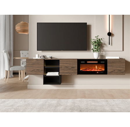 Závěsná TV komoda TEO s elektrickým krbem a LED osvětlením, ořech / černá