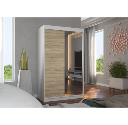 Posuvná skříň se zrcadlem REWENA 120 Bílá+Sonoma Posuvná skříň se zrcadlem REWENA 120 Bílá+Sonoma