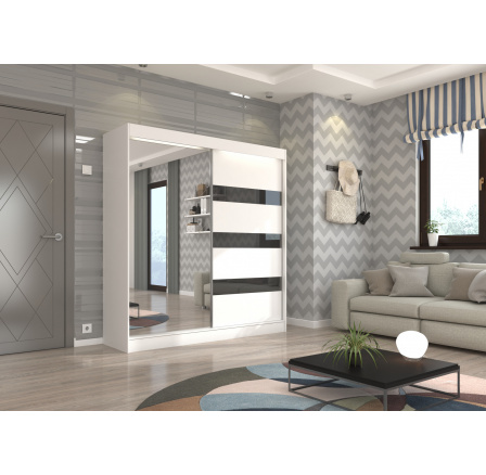 Posuvná skříň se zrcadlem a lacobelem TOURA 200 Bílá+Černý Lacobel