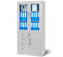 Kancelářská prosklená skříň s šuplíky WIOLA, 900 x 1850 x 400 mm, šedá