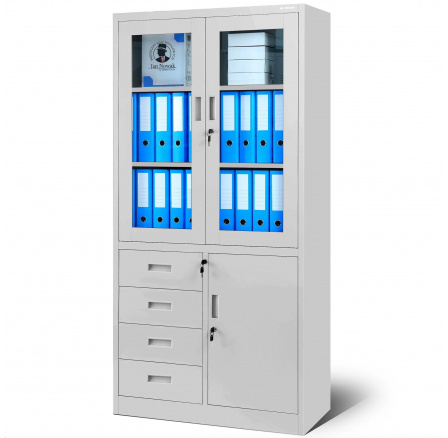 Kancelářská prosklená skříň s šuplíky WIOLA, 900 x 1850 x 400 mm, šedá
