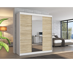Šatní skříň s posuvnými dveřmi a zrcadlem SANTIAGO 200 Bílá+Sonoma