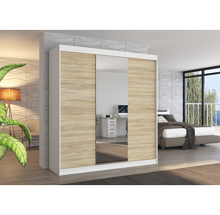 Šatní skříň s posuvnými dveřmi a zrcadlem SANTIAGO 200 Bílá+Sonoma