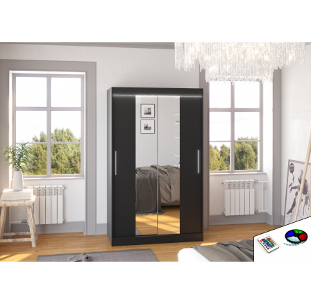 Posuvná skříň se zrcadlem a LED osvětlením SANTOS 120 Černá+Černá