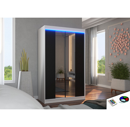 Posuvná skříň se zrcadlem a LED osvětlením MARVIN 120 Bílá+Černá