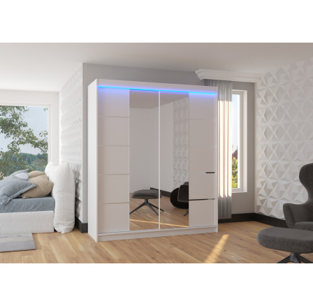 Posuvná skříň se zrcadlem a LED osvětlením TRAVES 180 Bílá+Bílá