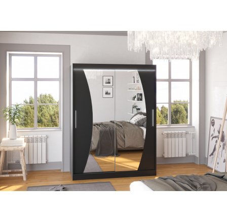 Šatní skříň s posuvnými dveřmi, zrcadlem a LED osvětlením MODESTO 150 Černá+Černá