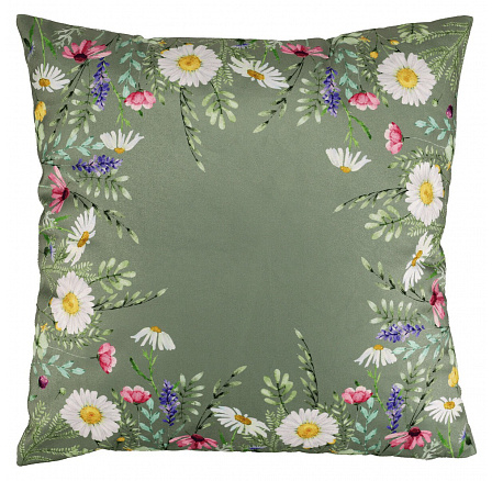 Polštář s výplní - vzor lučních květin, zelený, sametový, 45 x 45 cm