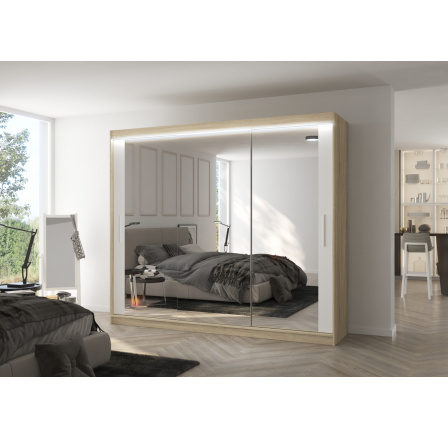 Posuvná skříň se zrcadlem a LED osvětlením CHESTER 250 Sonoma+Bílá