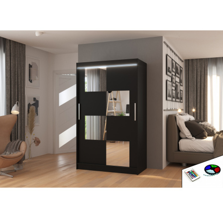 Posuvná skříň se zrcadlem a LED osvětlením LUGANO 120 Černá+Černá