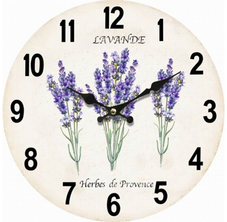 Hodiny nástěnné - pr. 34 cm, MDF, bílé s levandulemi