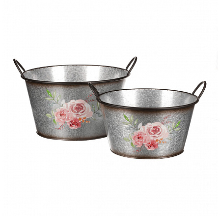 Kovový obal na květiny, sada 2ks. Design s růžemi.