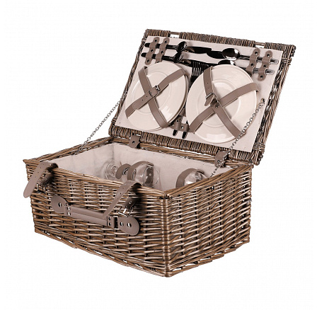 Koš piknikový - s vybavením pro 4 osoby, proutěný, barva šedá