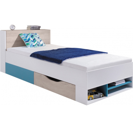 Postel PLANET- PL14 L/P, bílý lux+dub+modrá Postel PLANET- PL14 L/P, bílý lux+dub+modrá