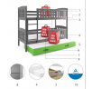 Dětská patrová postel KUBUS 3 s přistýlkou 90x200 cm, včetně matrací, Grafit/Zelená