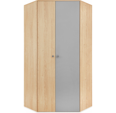 Rohová šatní skříň PIXEL PX2, Dub piškotový/Bílá Lux/Šedá Rohová šatní skříň PIXEL PX2, Dub piškotový/Bílá Lux/Šedá