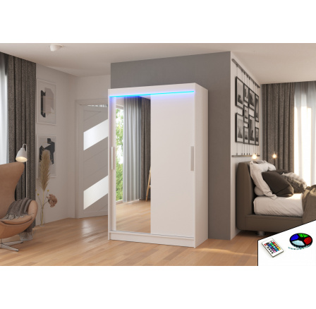 Posuvná skříň se zrcadlem a LED osvětlením BARIO 120 Bílá+Bílá