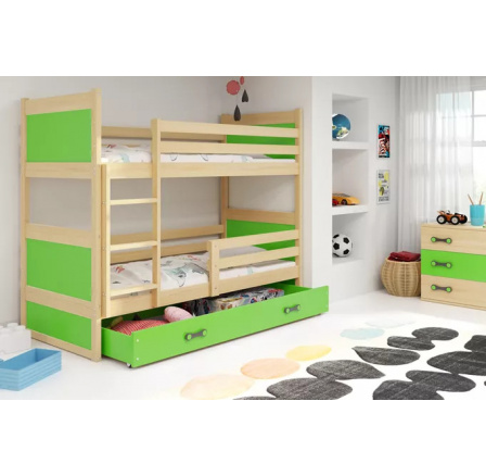 Dětská patrová postel RICO se šuplíkem 90x200 cm, včetně matrací, Přírodní/Zelená Dětská patrová postel RICO se šuplíkem 90x200 cm, včetně matrací, Přírodní/Zelená