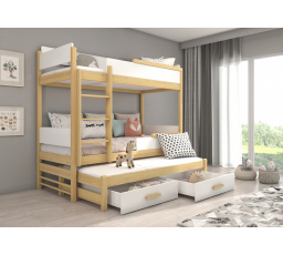 Třílůžková patrová postel QUEEN 200x90 Borovice Přírodní+Bílá