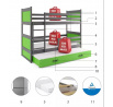 Dětská patrová postel RICO 3 s přistýlkou 90x200 cm, včetně matrací, Grafit/Zelená