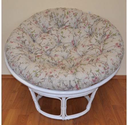 Ratanový papasan 110 cm bílý polstr motiv ptáci