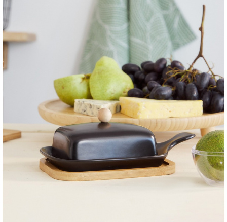 Miska na máslo FINCAN keramická s bambusovým podstavcem černá 22 cm 869704 Miska na máslo FINCAN keramická s bambusovým podstavcem černá 22 cm 869704