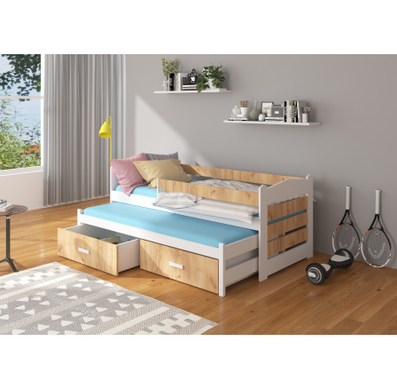 Dvojlůžko s bariérkou a matracemi TIARRO 180x80 Bílá+Dub Zlatý