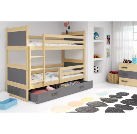 Dětská patrová postel RICO se šuplíkem 90x200 cm, bez matrace, Přírodní/Grafit Dětská patrová postel RICO se šuplíkem 90x200 cm, bez matrace, Přírodní/Grafit