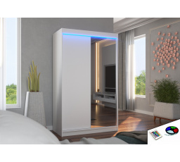 Šatní skříň s posuvnými dveřmi, zrcadlem a LED osvětlením REWENA 120 Bílá+Bílá