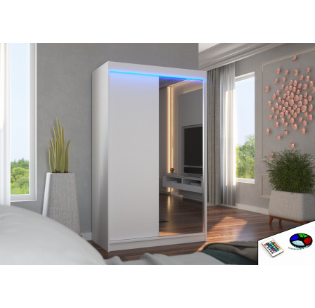 Šatní skříň s posuvnými dveřmi, zrcadlem a LED osvětlením REWENA 120 Bílá+Bílá