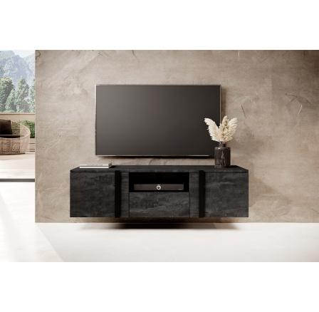 Závěsná TV skříňka Verica 150 cm s výklenkem - černý beton / černé úchyty Závěsná TV skříňka Verica 150 cm s výklenkem - černý beton / černé úchyty