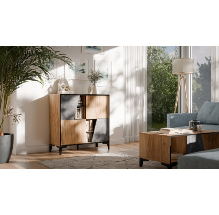 Regál OVO 4D, beton tmavý/ old dub