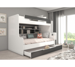 Patrová postel se schody a matracemi HARELL Bílá+Šedá