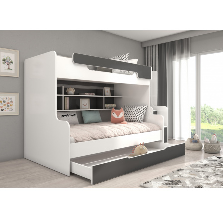 Patrová postel se schody a matracemi HARELL Bílá+Šedá Patrová postel se schody a matracemi HARELL Bílá+Šedá