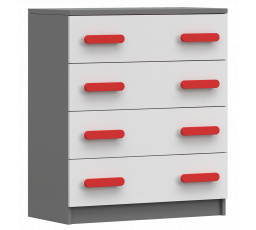 Komoda 4S SMYK II - 02, Šedá/Bílá/Červená