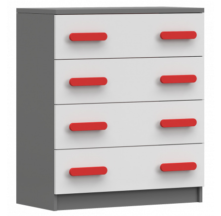 Komoda 4S SMYK II - 02, Šedá/Bílá/Červená